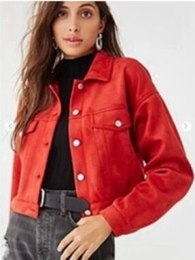 NWOT Forever 21 Bright Red Orange Cropped Faux Suede Jacket